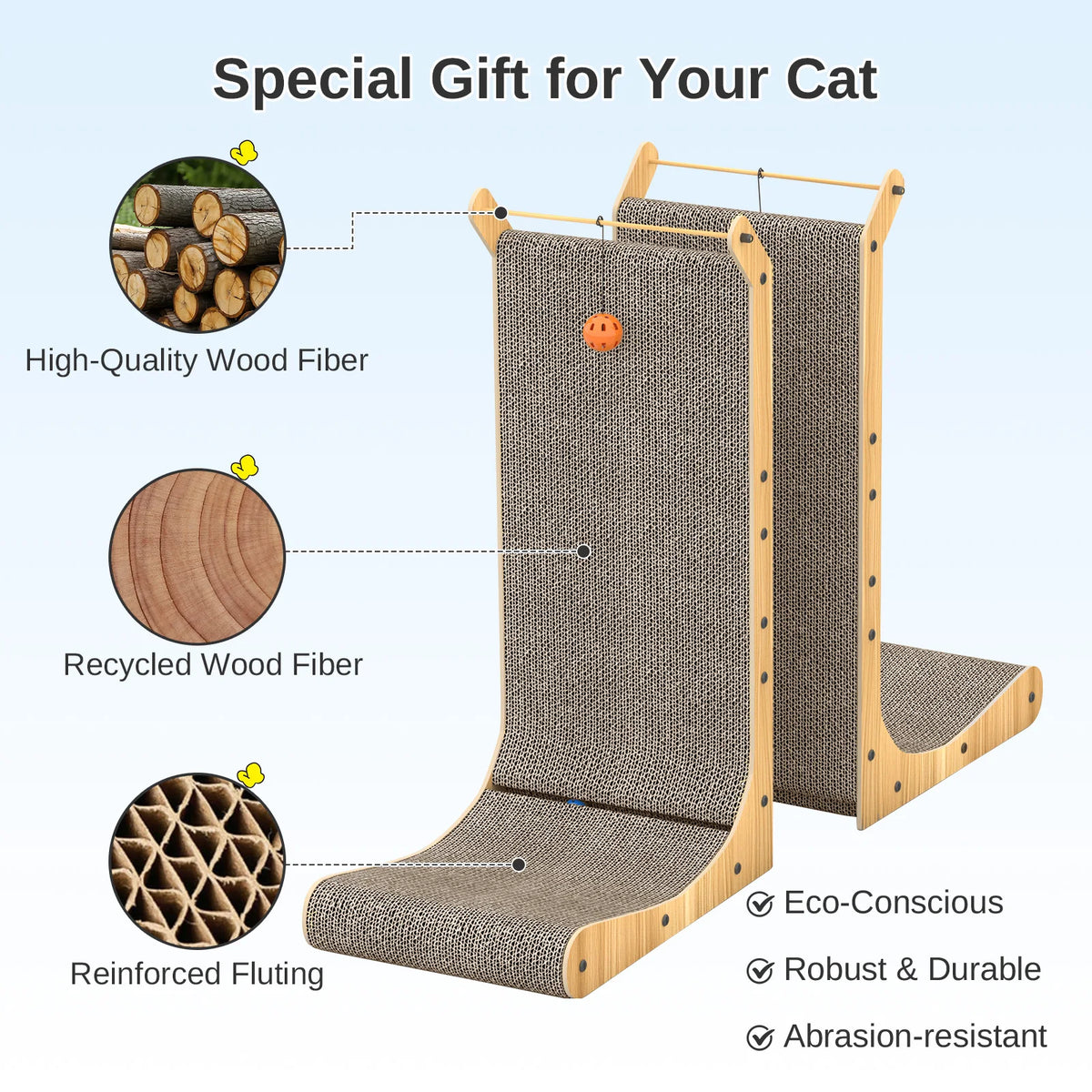 L Shaped Corner Cat Scratching Pad 68cm Solid Wood Frame Corrugated Board with Integrated Toy Ball