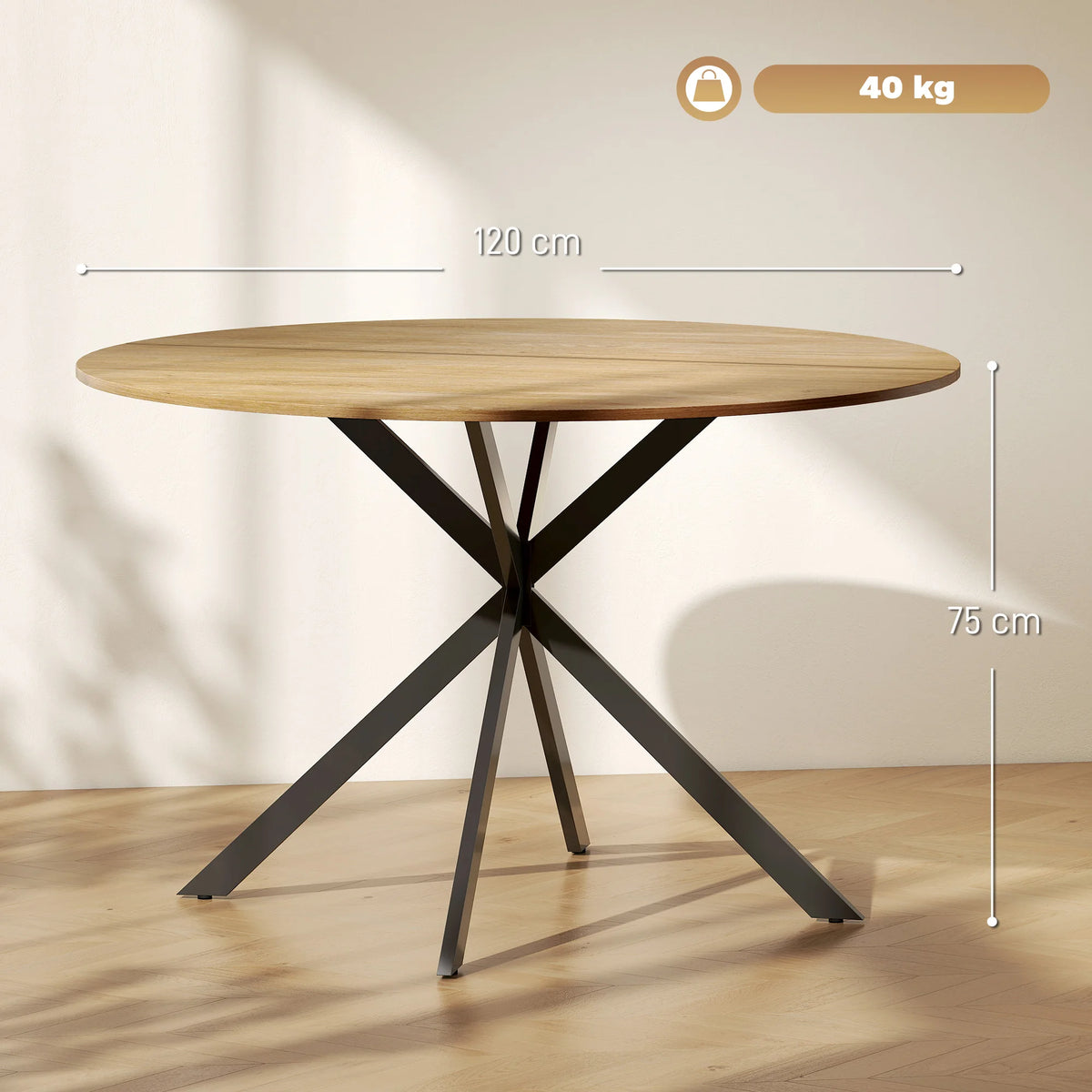 Round Dining Table for 4, 120cm, Oak Effect with Black Steel Legs