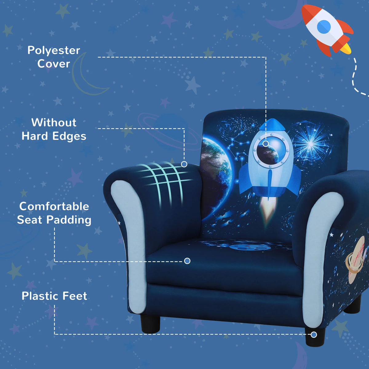 Kids Armchair with Space Rocket Design Wood Frame High Back Plush Foam 45kg for Ages 3-5 Blue