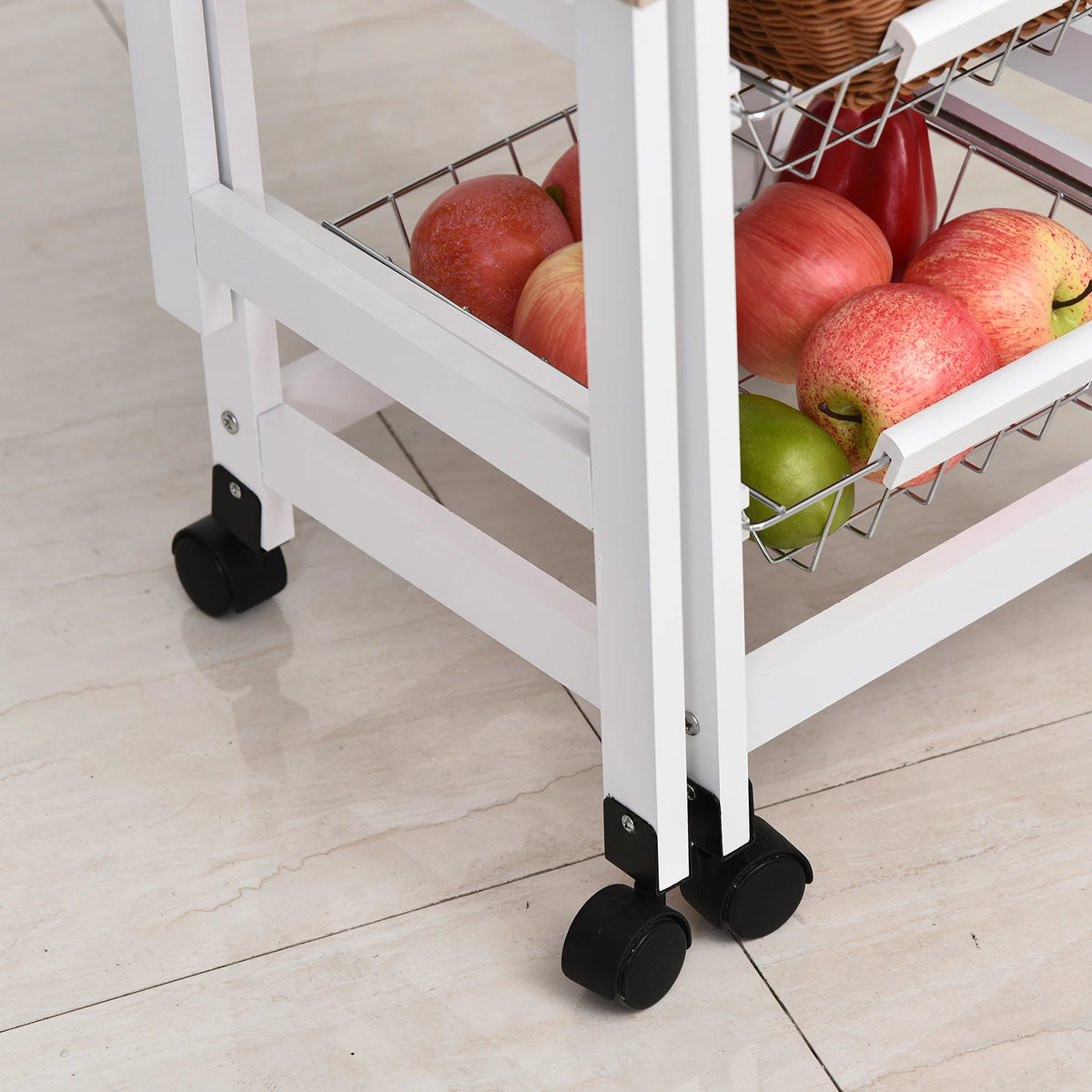 Drop-Leaf Kitchen Trolley with 3 Baskets, Drawer and 6 Wheels, White