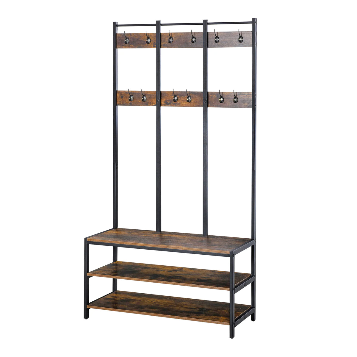 3 in 1 Hall Tree Coat Rack with 12 Hooks and 3 Tier Shoe Bench Industrial Metal Frame Anti Toppling