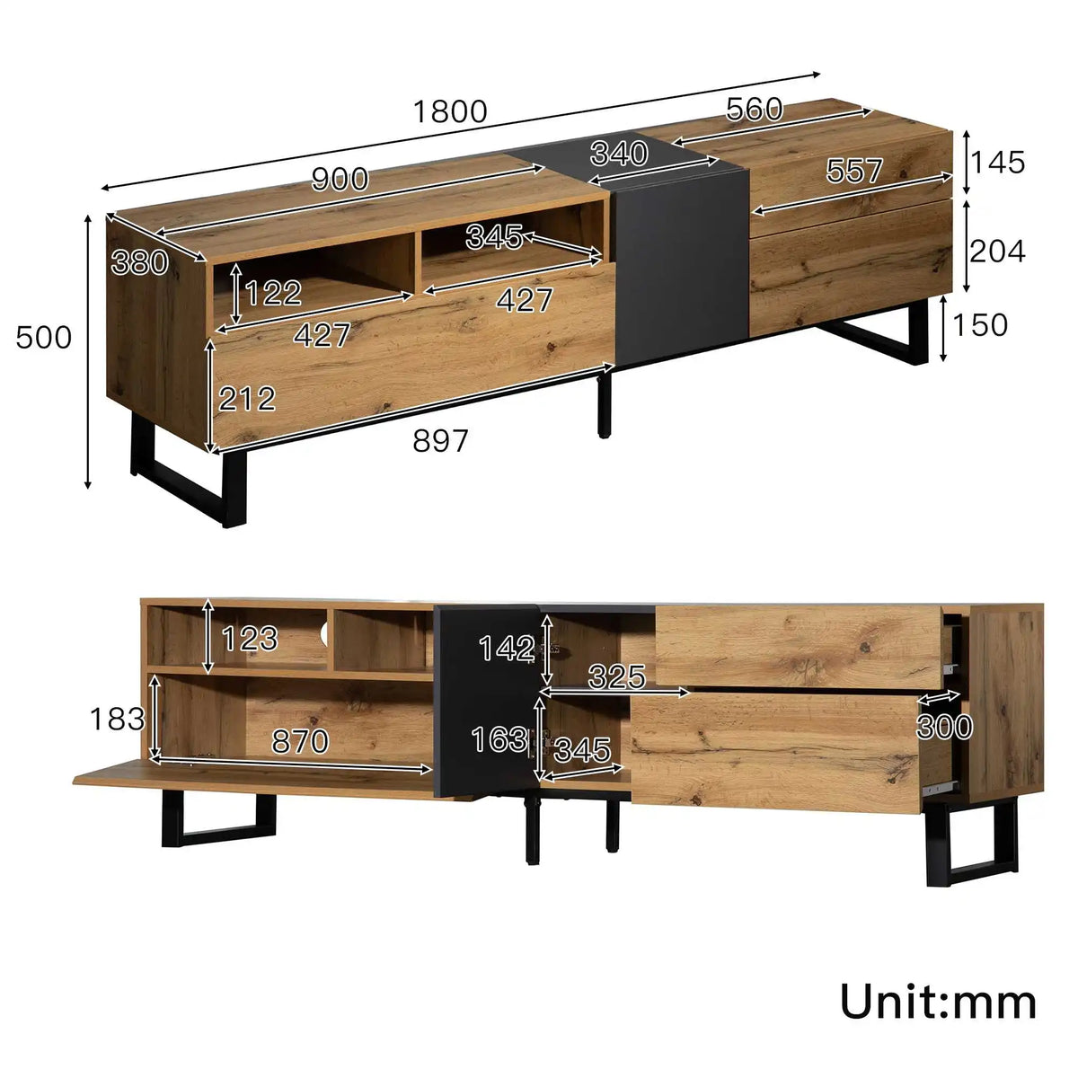 180cm Wood Grain TV Cabinet with Drawers and Push-Open Doors | Modern Black and Wood TV Stand