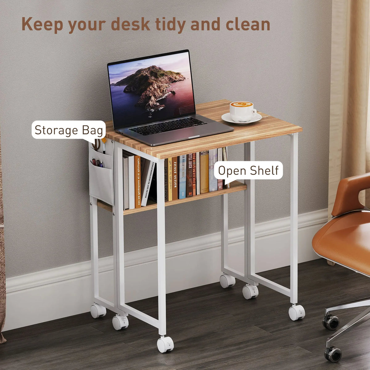63cm Foldable Computer Desk on Wheels for Small Spaces, Natural