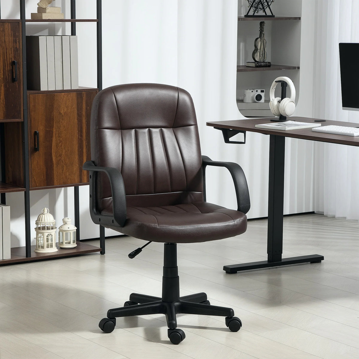 Faux Leather Swivel Office Chair with Armrests, Dark Brown