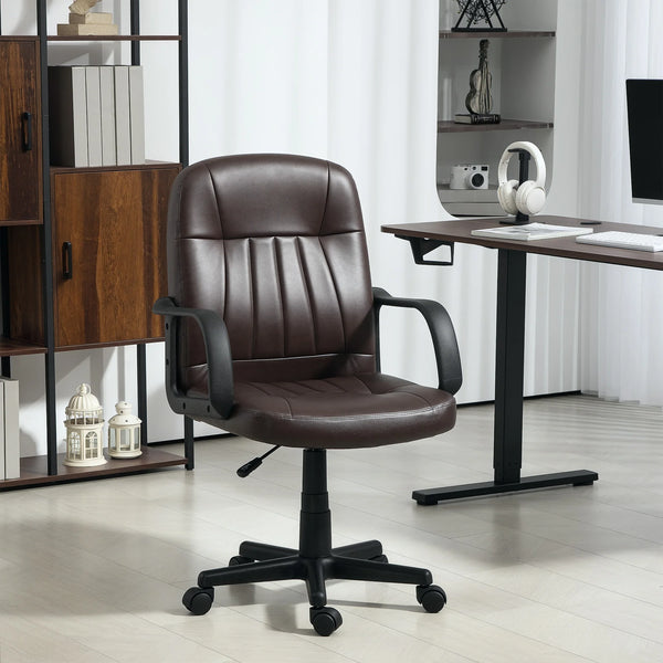 Faux Leather Swivel Office Chair with Armrests, Dark Brown