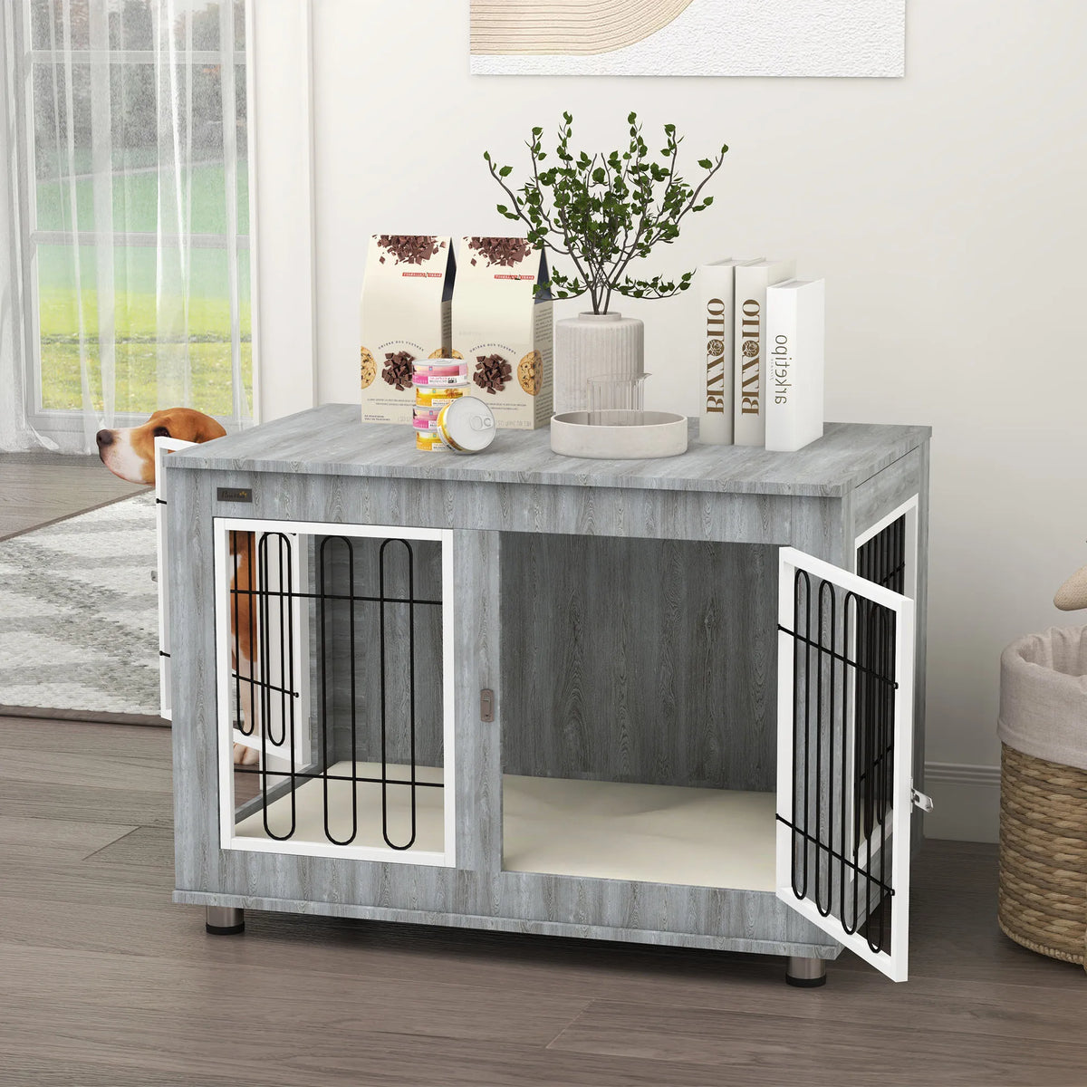 Dog Crate End Table with Soft Cushion, Double Door, for Medium & Large Dogs