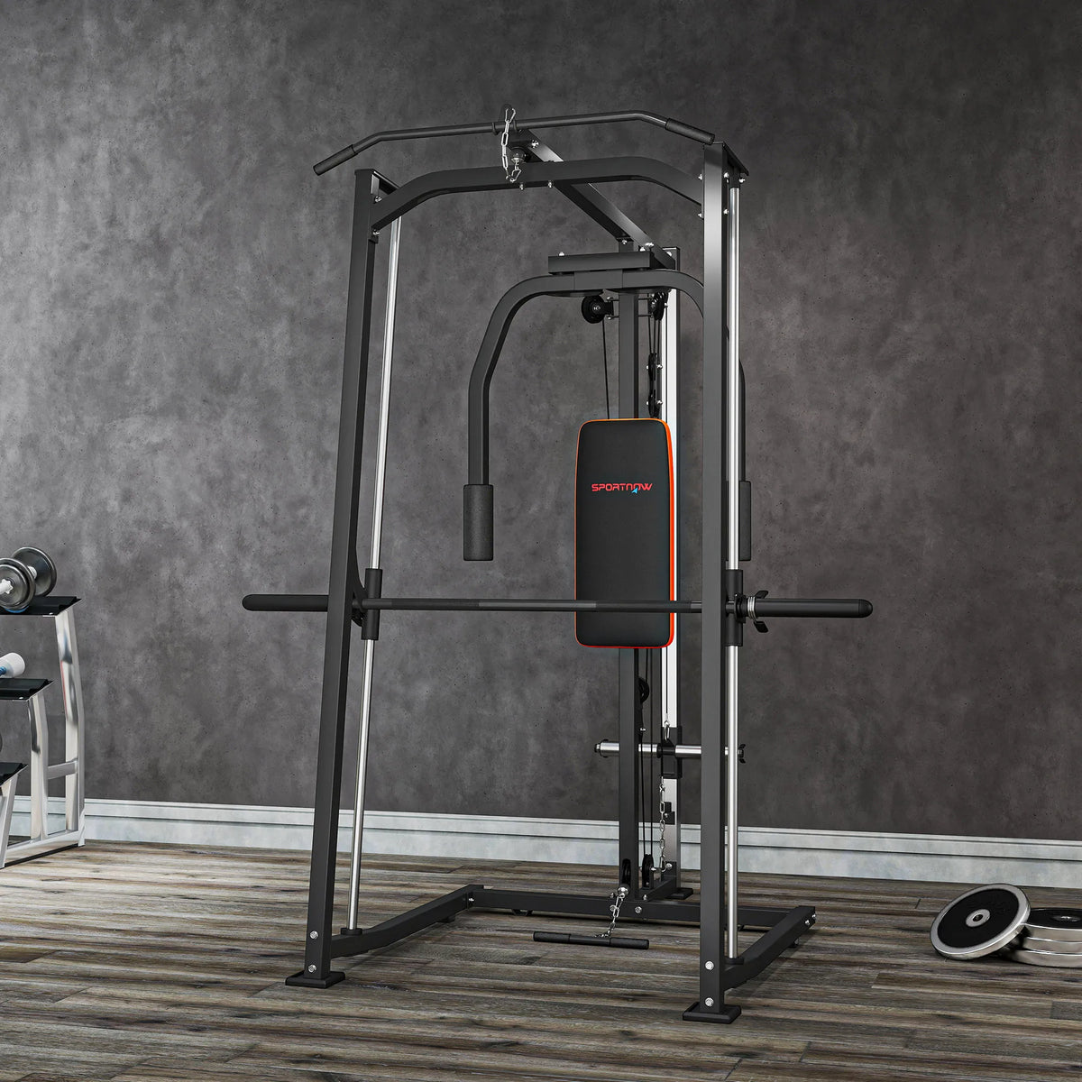3-in-1 Smith Machine Multifunctional Power Cage with Dual Cable Pulley System, Chest Press Station & 17-Level Squat Rack