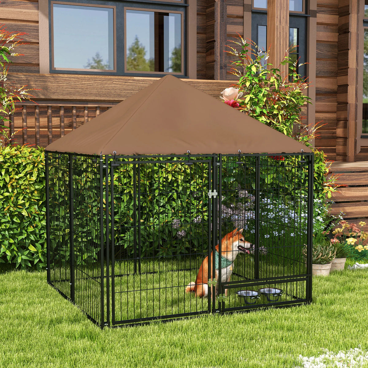 Outdoor Dog House Kennel with Canopy Top & Lock Rotating Bowl Holder
