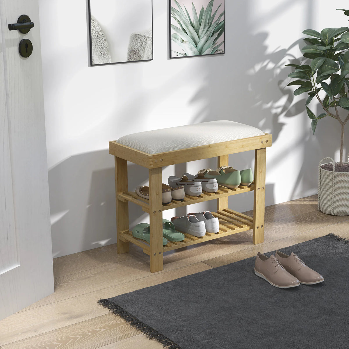 Bamboo Shoe Storage Bench 3 Tier with 4cm Linen Feel Cushion Holds 6 Pairs Entryway Seat Cream