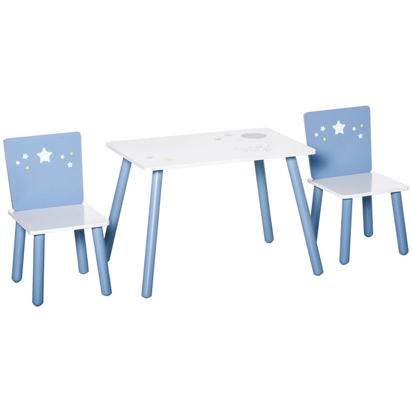 Blue and white kids table and two chairs set with star and balloon design