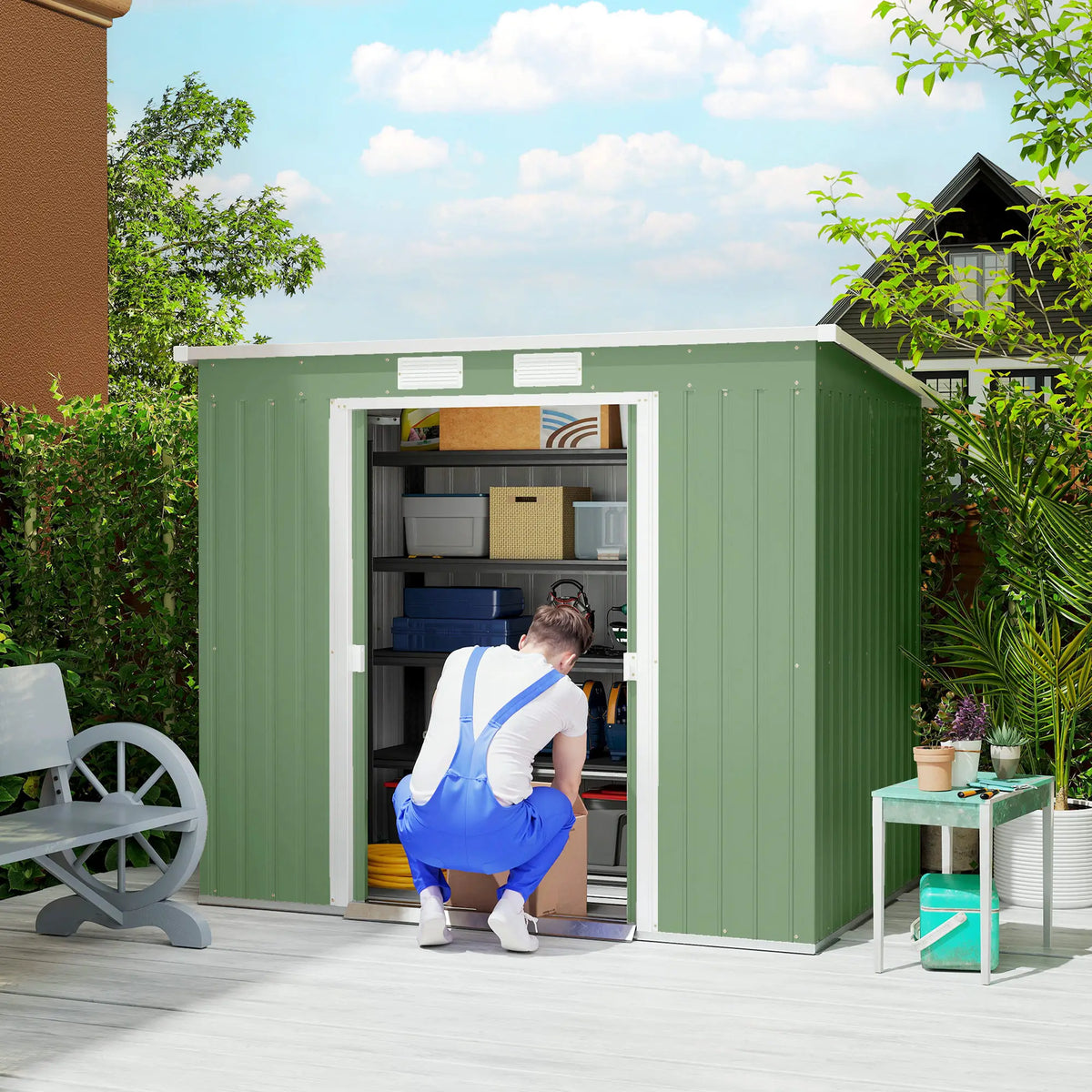7 x 4ft Lean-To Metal Garden Shed with Sliding Doors and Vents, Green