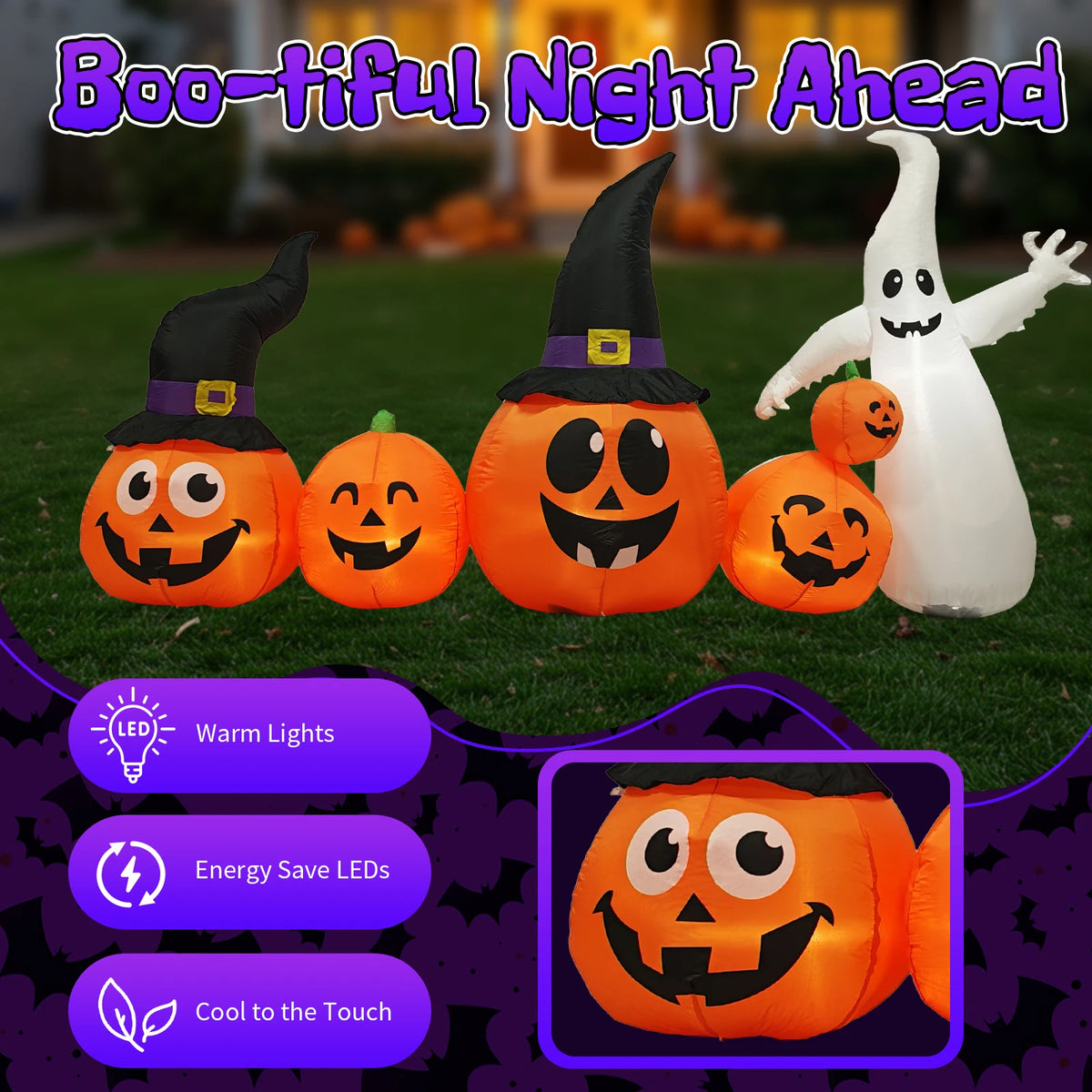 8ft Halloween Inflatable Pumpkins and Ghost with Witch Hats, LED Light-Up Garden Decoration