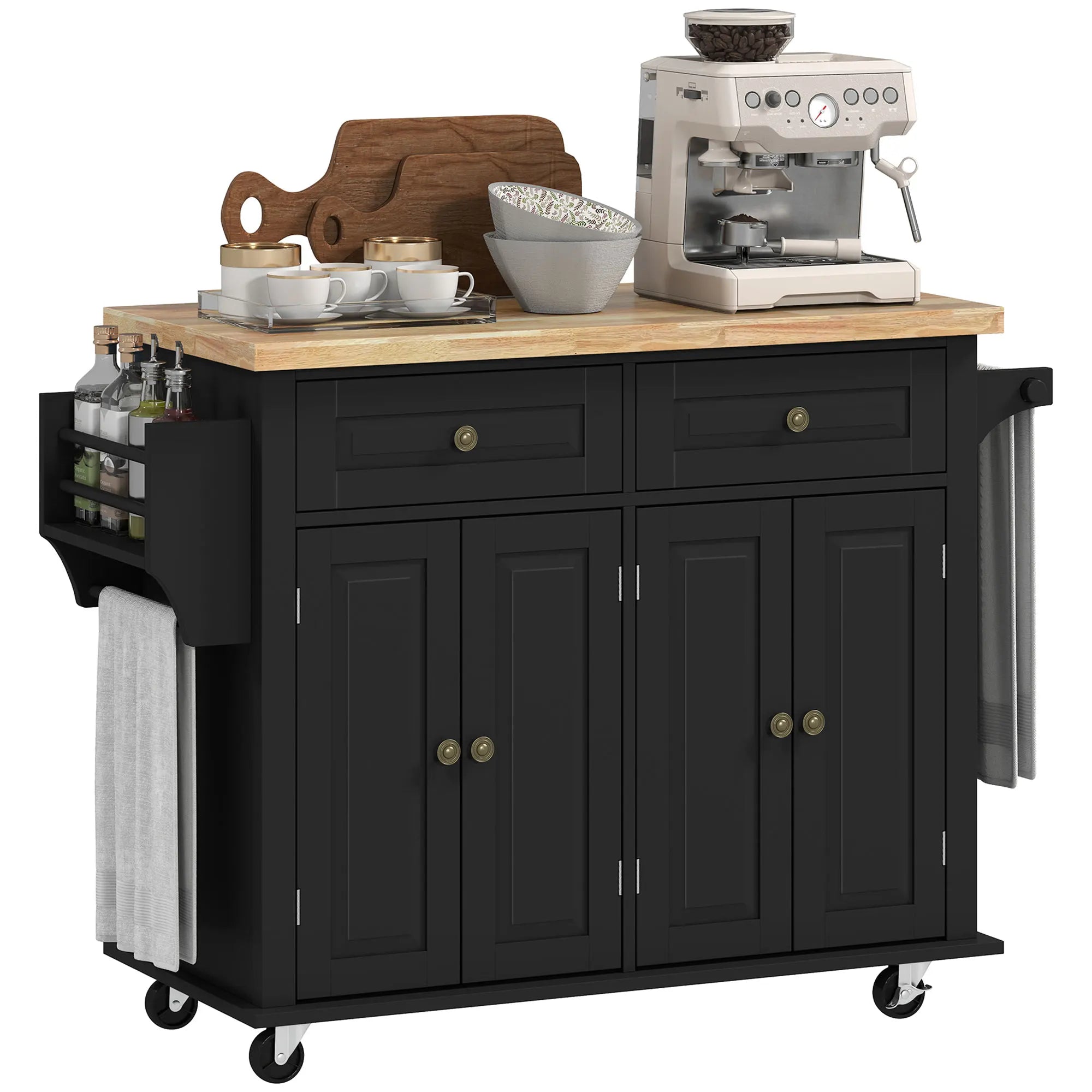 Black Rolling Kitchen Island Cart with Rubberwood Top | 2 Drawers 2 Cabinets Spice Rack and Towel Bar on Wheels