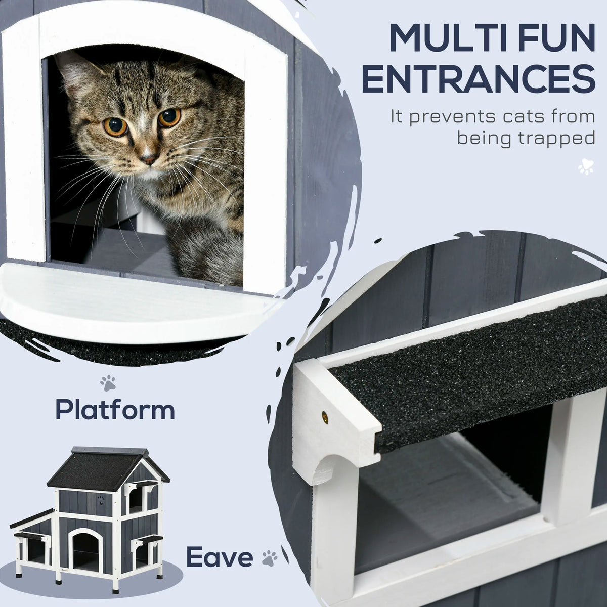 Outdoor Wooden Cat House with Flower Box, Windows and Multiple Entrances