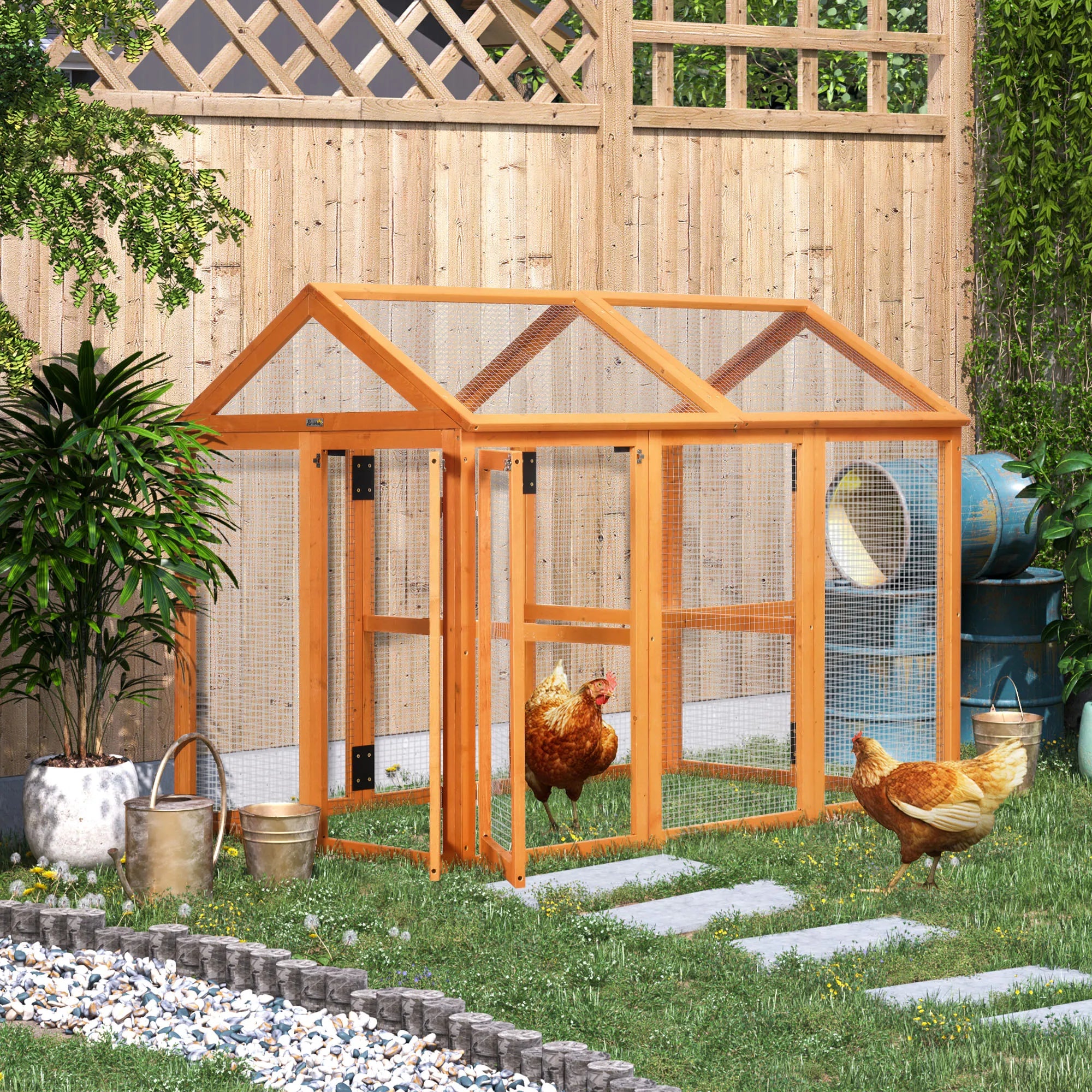 Large Wooden Chicken Run Poultry Pen with Lockable Doors Mesh Wire and Combinable Design for 1-3 Chickens