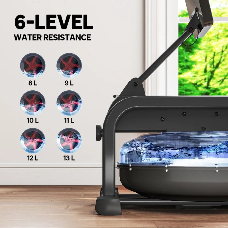Water Rowing Machine with Adjustable Resistance – Foldable Cardio Rower with Wheels & LCD Display