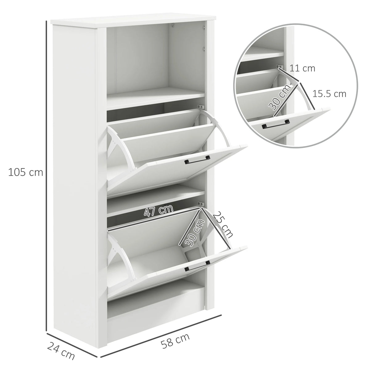 Modern Shoe Cabinet with 2 Flip Drawers and Adjustable Shelves, White