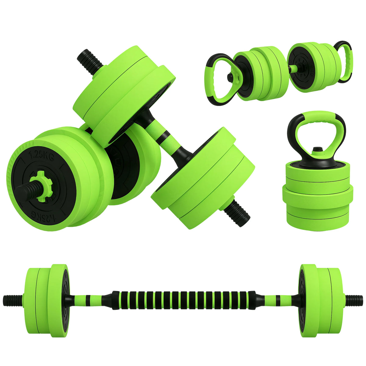 4-in-1 Adjustable Dumbbell Set, 20kg Barbell, Kettlebell and Push-Up Stand