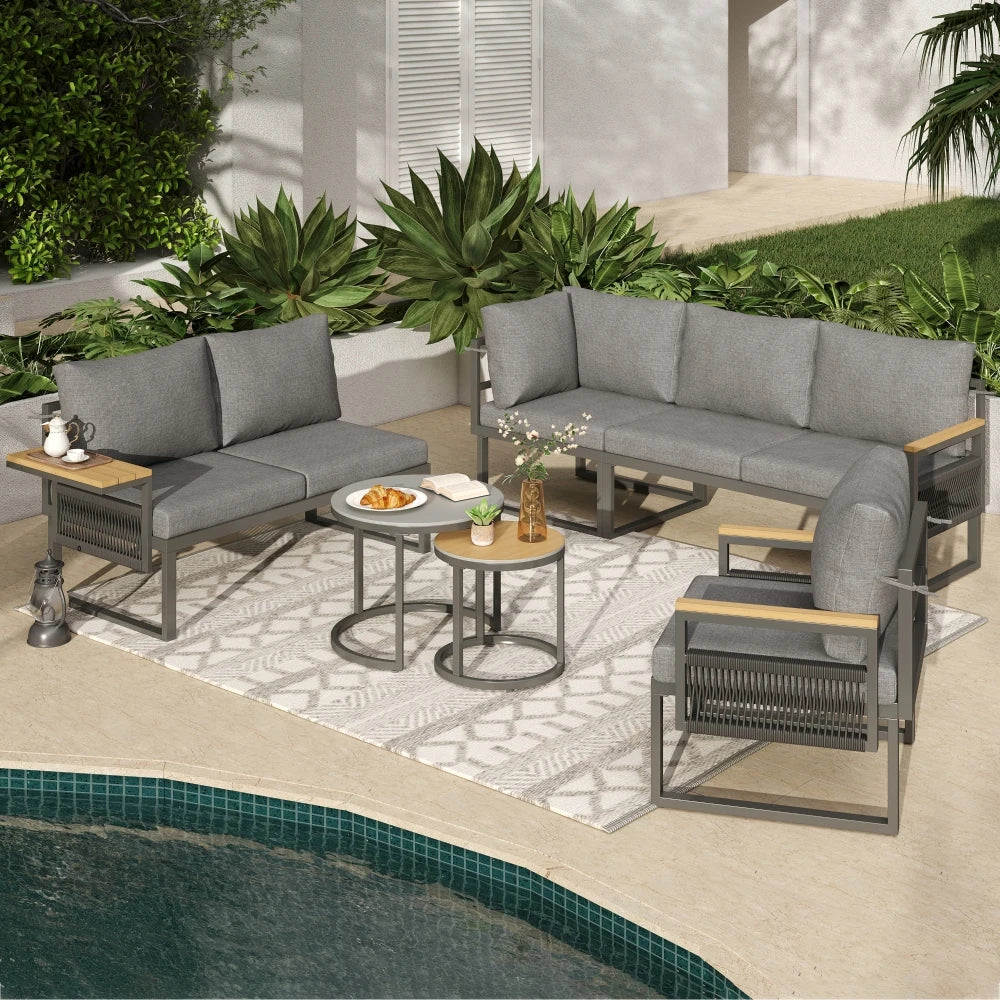 5-6 Seater Garden Corner Sofa Set, Rope Woven Outdoor Sofa with Armchair & 2 Nesting Coffee Tables