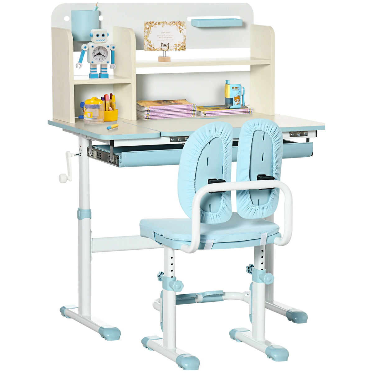 Kids Study Desk and Chair Set Height Adjustable with 60 Degree Tilting Top Drawer Shelf and Pen Holder