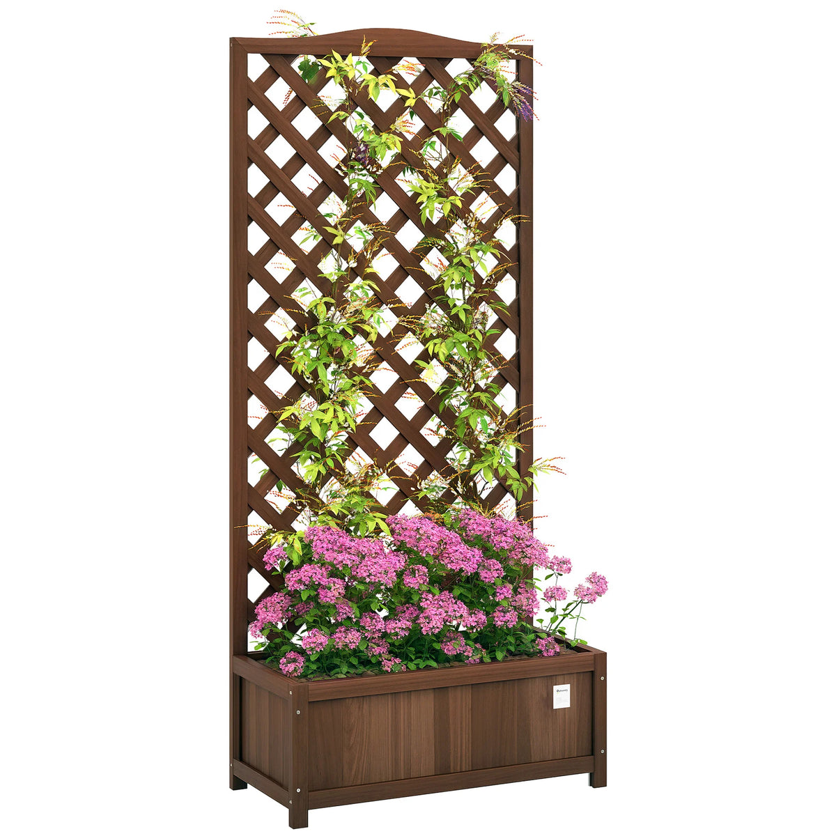 Garden Wooden Planter Box with Trellis Lattice Flower Raised Bed, Dark Brown