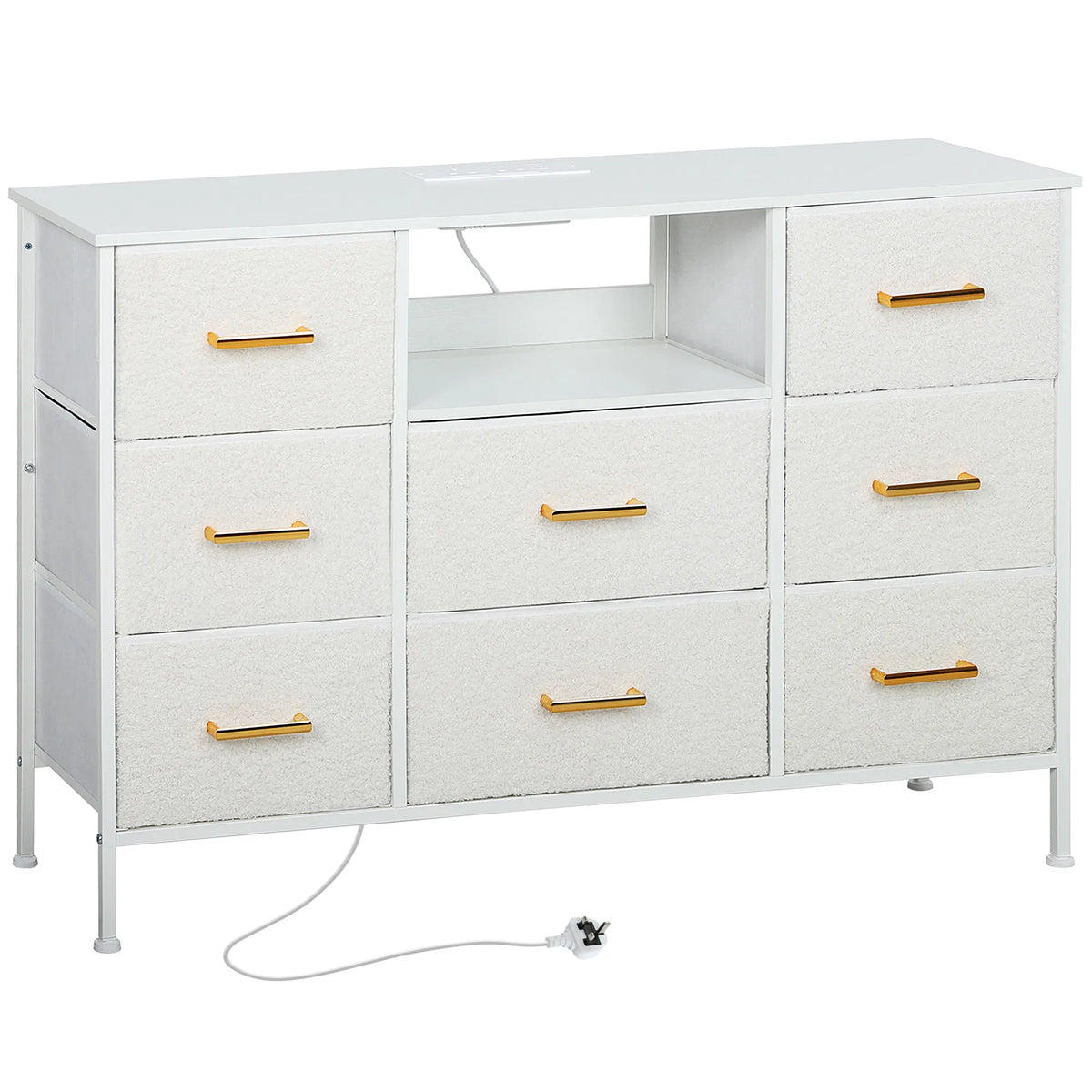 Boucle Chest of Drawers 8 Drawers with 2 Power Outlets USB and USB C Ports 1.5m Cord Gold Handles