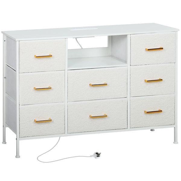 Boucle Chest of Drawers 8 Drawers with 2 Power Outlets USB and USB C Ports 1.5m Cord Gold Handles