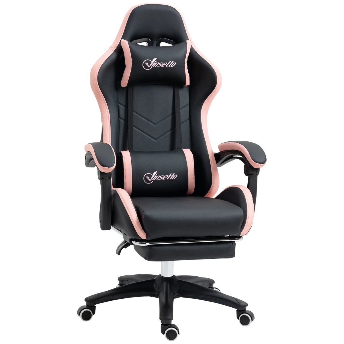 Reclining Racing Gaming Chair with Footrest and Headrest, Faux Leather, Black and Pink