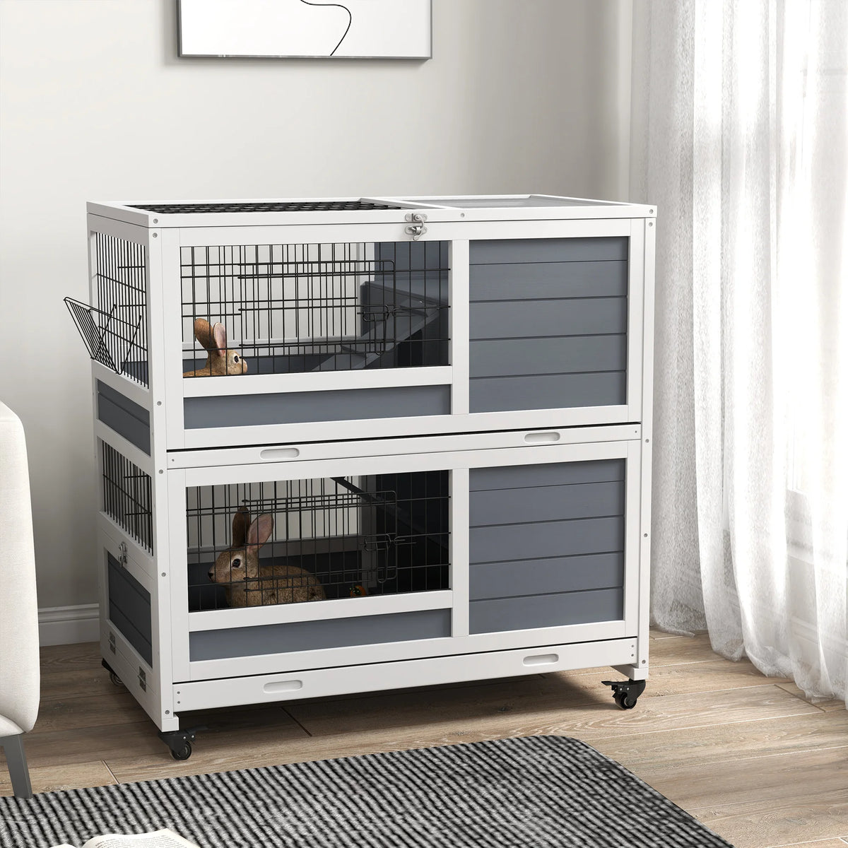Double Decker Indoor Rabbit Hutch with Feeding Troughs 2 Slide Out Trays Ramps and Wheels White