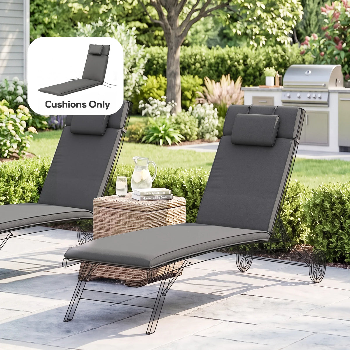 Garden Sun Lounger Cushion Only, Soft Reclining Padded with Pillow, Grey