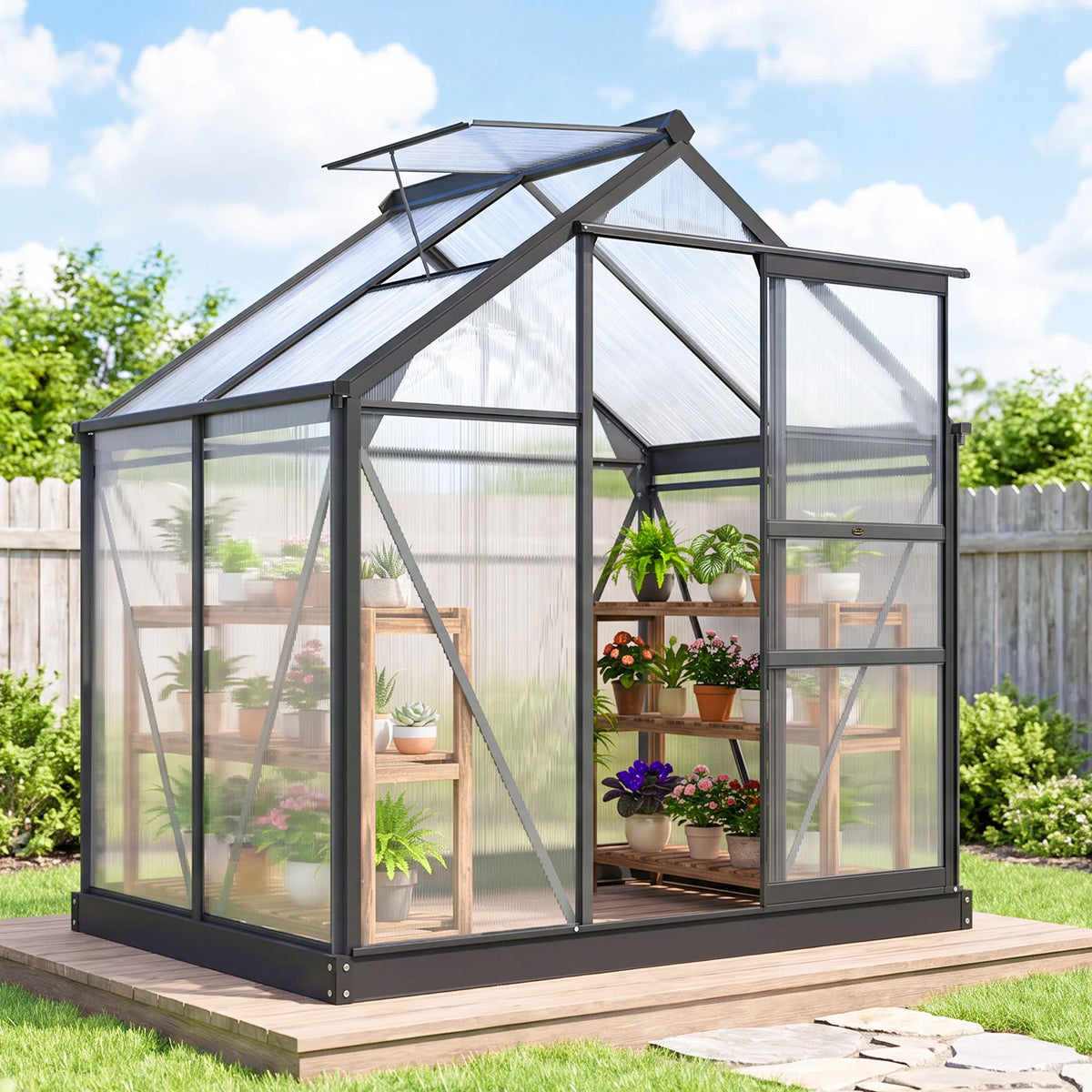 Polycarbonate Walk-in Greenhouse with Aluminium Frame and Sliding Door, 6 x 4ft