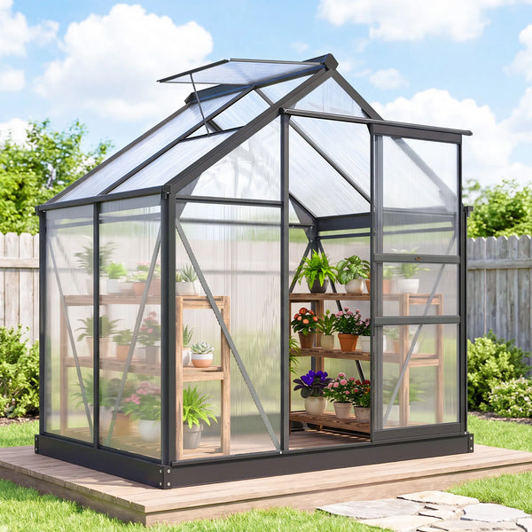 Polycarbonate Walk-in Greenhouse with Aluminium Frame and Sliding Door, 6 x 4ft