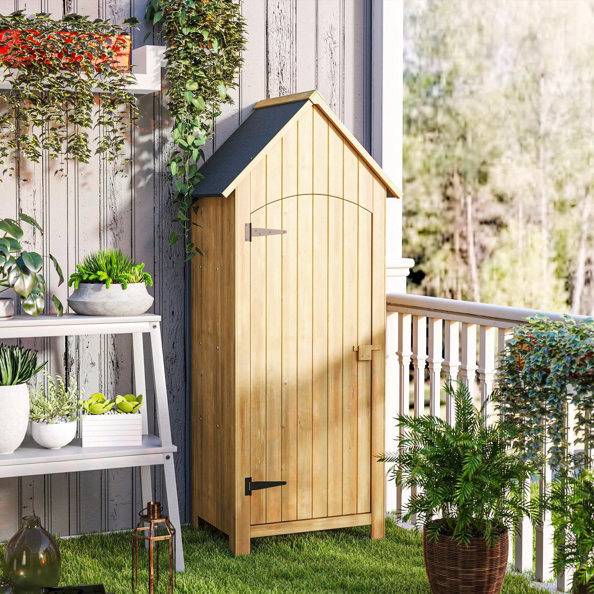 Small Wooden Garden Tool Shed with 3 Shelves and Asphalt Roof, Natural