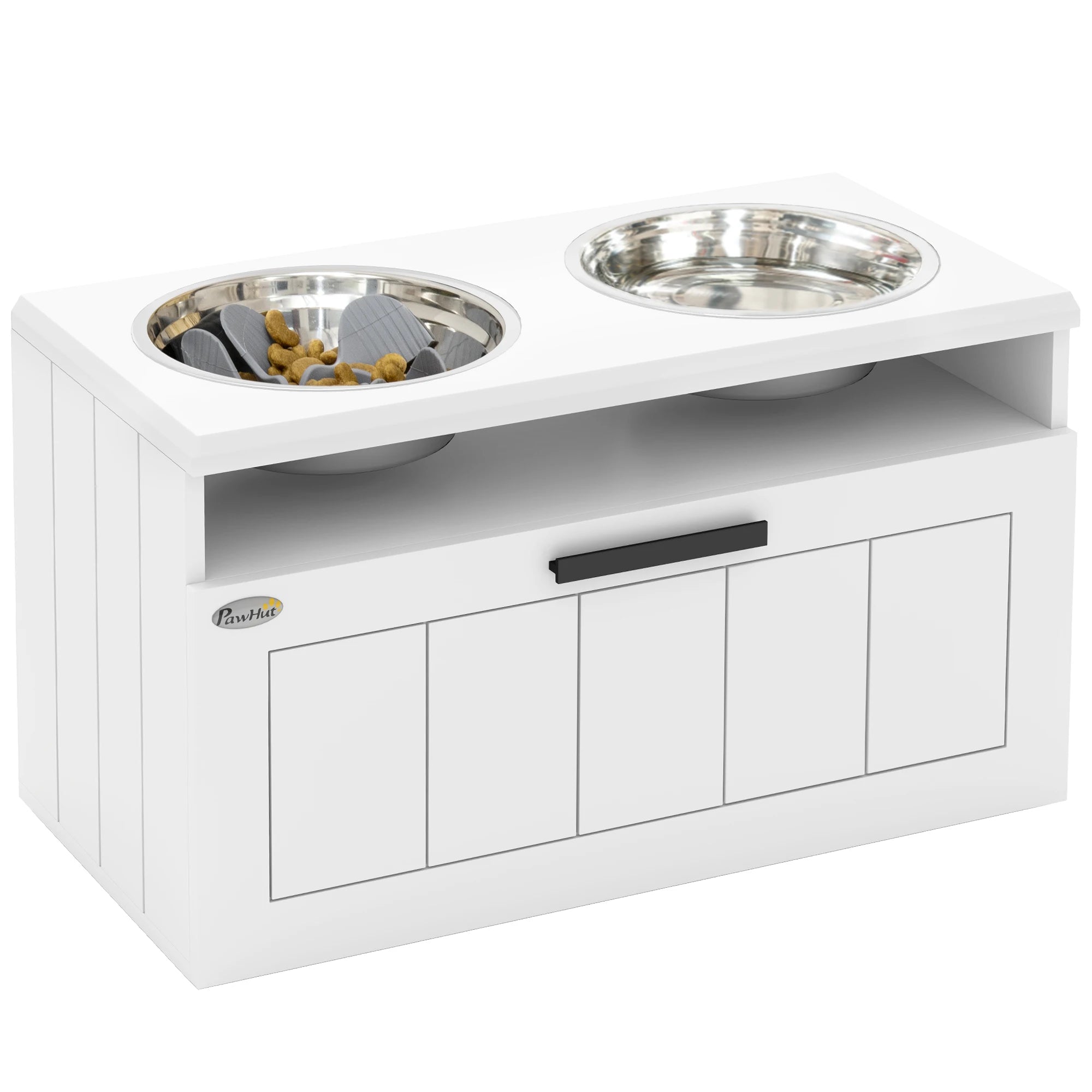 Raised Dog Bowl Stand with Slow Feeder and Storage Drawer 2 Stainless Steel Bowls 60x30x35cm Large Dogs
