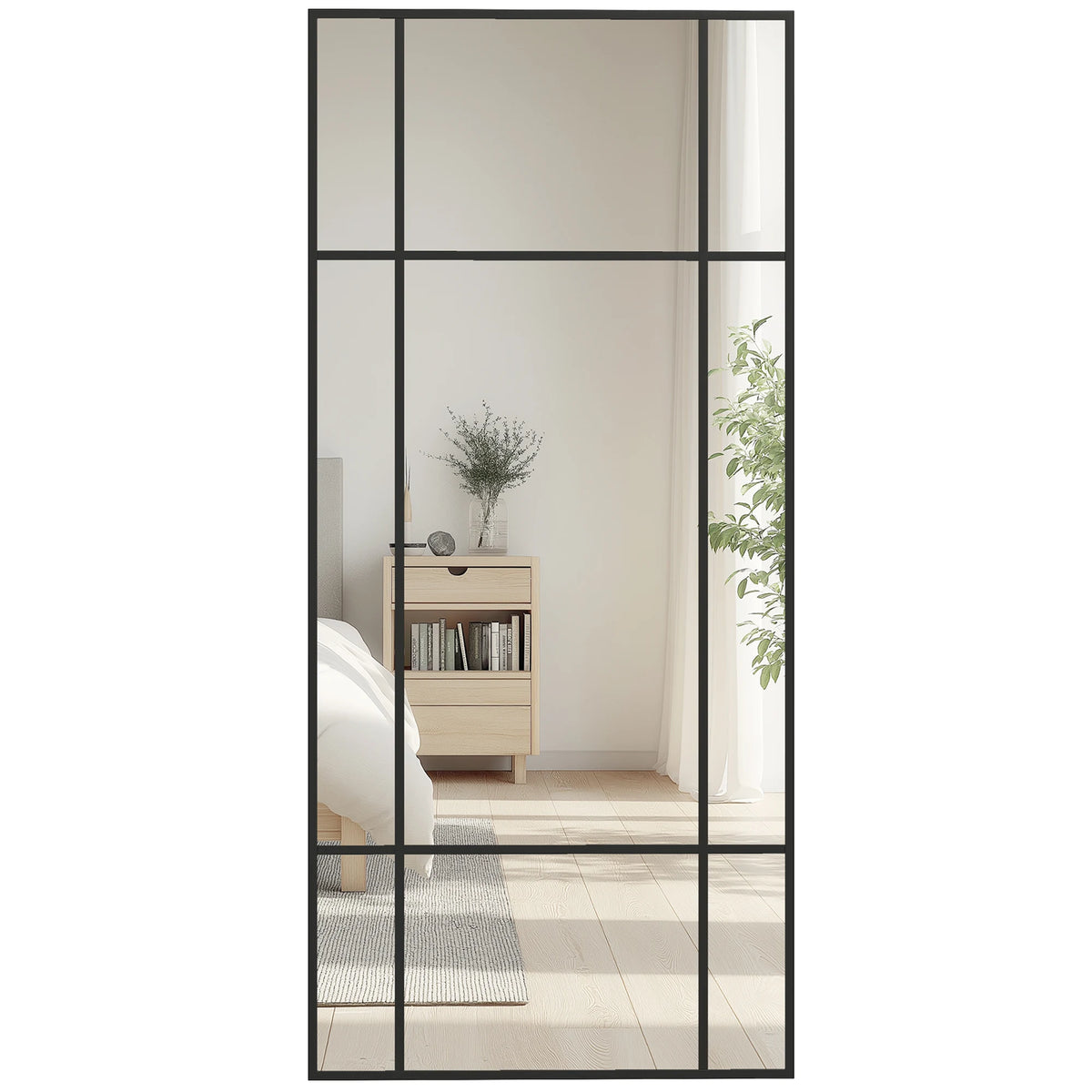 Window Pane Wall Mirror with Metal Frame, 110 x 50cm, Black