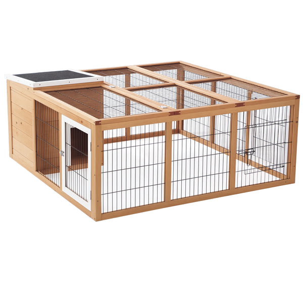 Rabbit Hutch with Openable Top 123cm Guinea Pig House Fir Wood Mesh Run Asphalt Roof Yellow