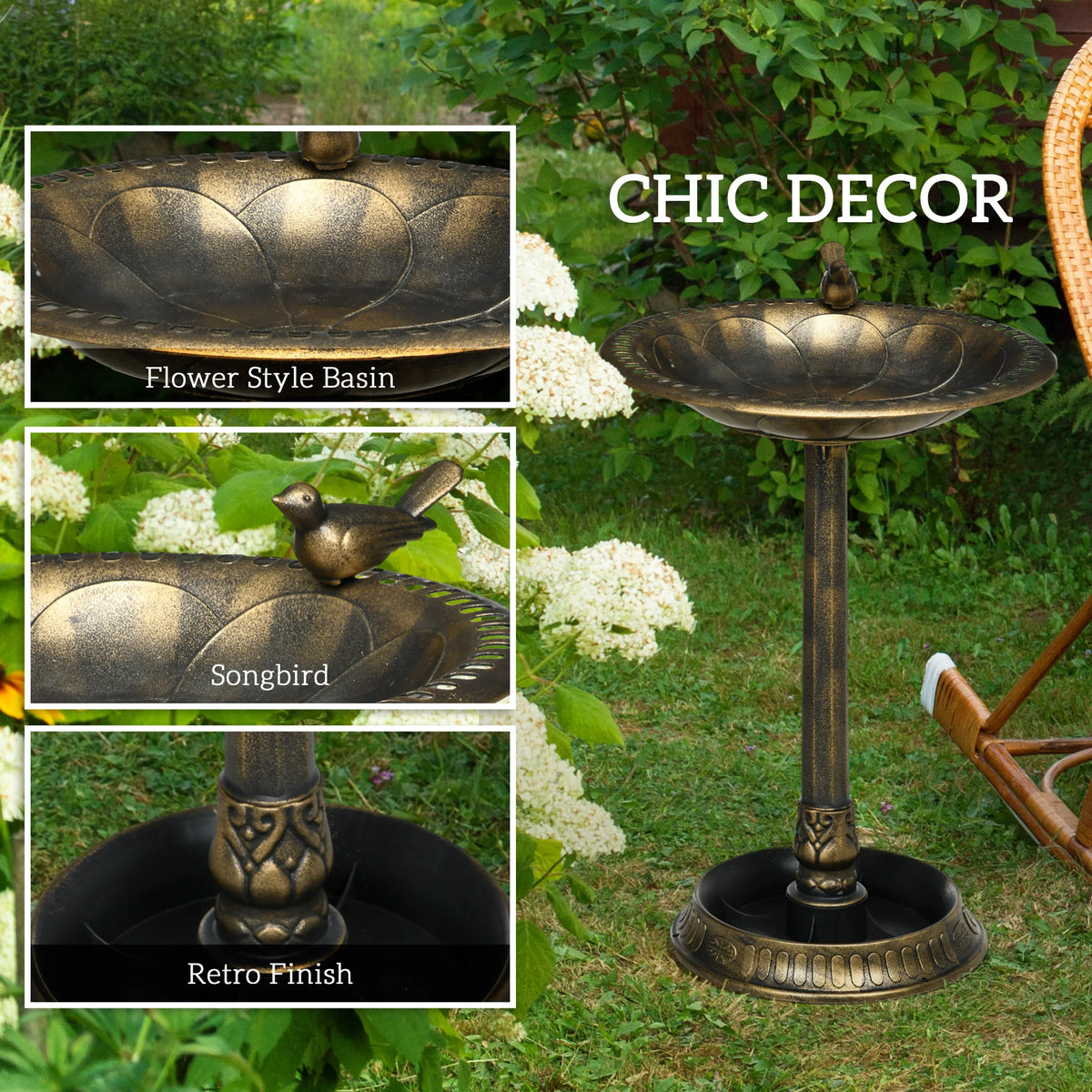 Bird Bath 72cm Tall with 2 Basins Bird Statue Flower Pattern Hand Painted Plastic Frost Resistant Bronze Tone