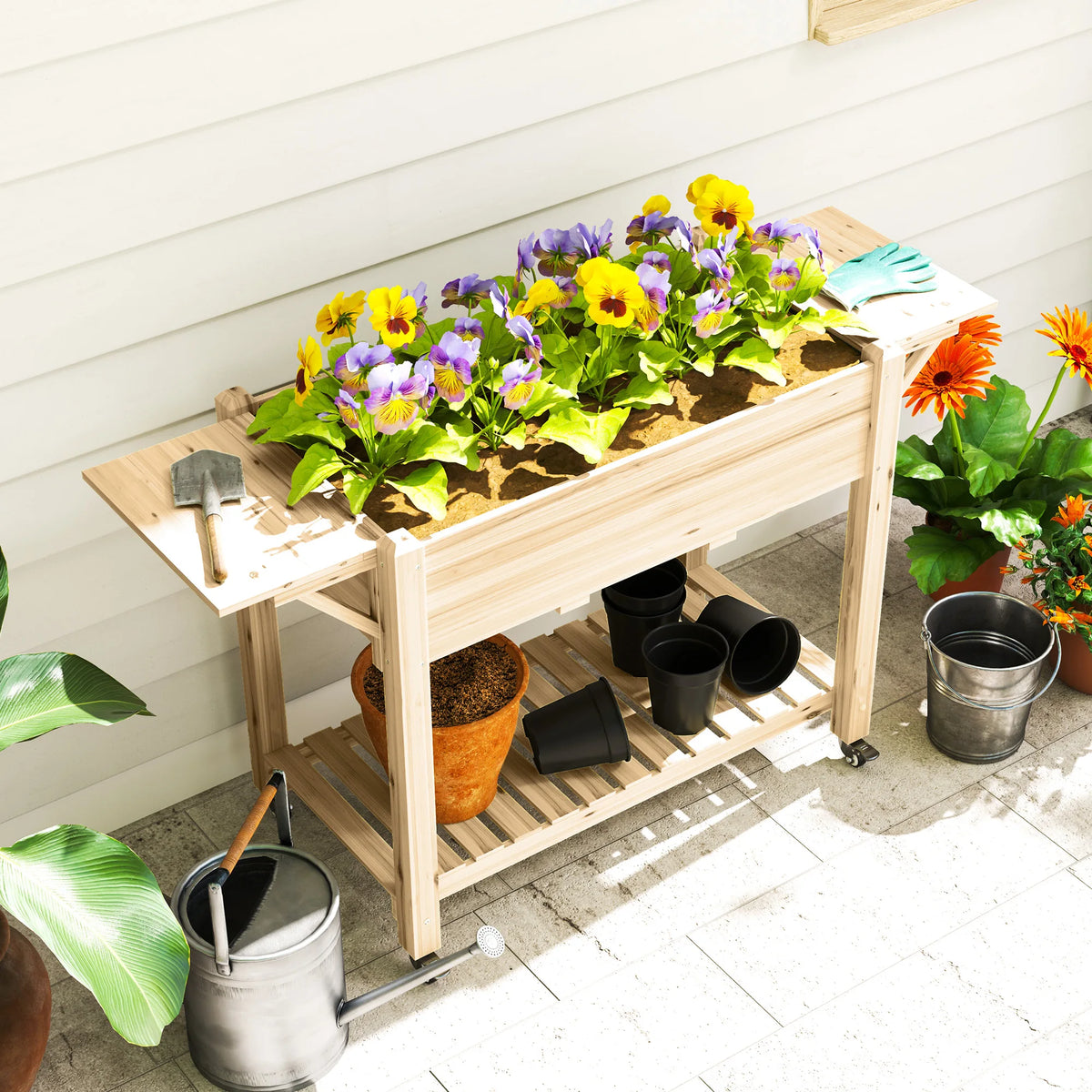 Raised Bed Planter on Wheels with 2 Lift Up Side Tables Fabric Liner 5 Drainage Holes Fir Wood Natural