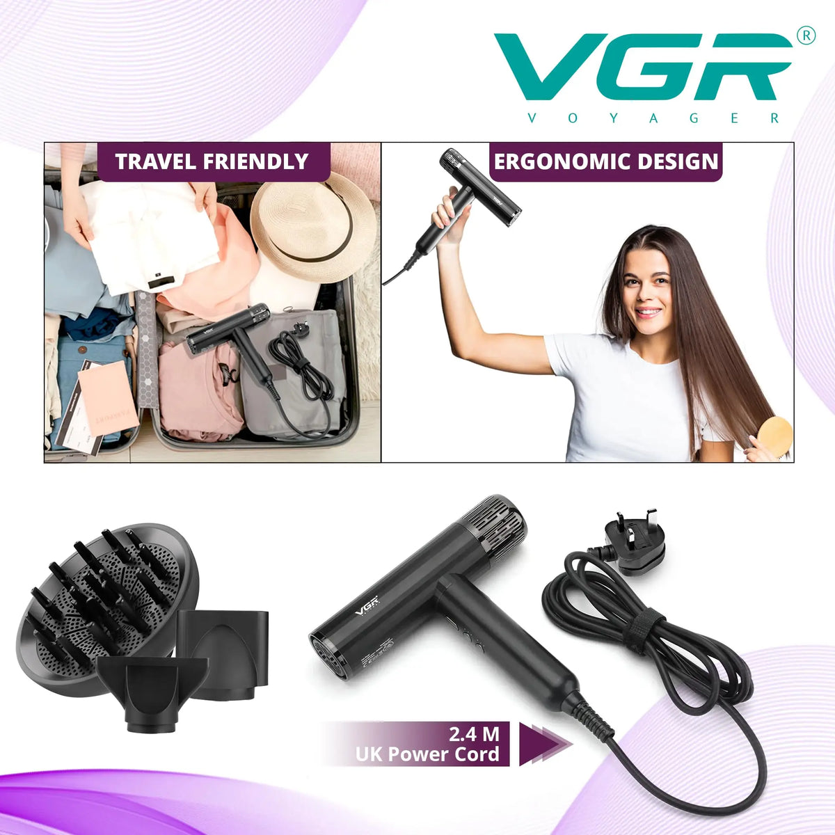 Professional Brushless Hair Dryer V-427 with Magnetic Diffuser and 2 Nozzles, 3 Heat Settings