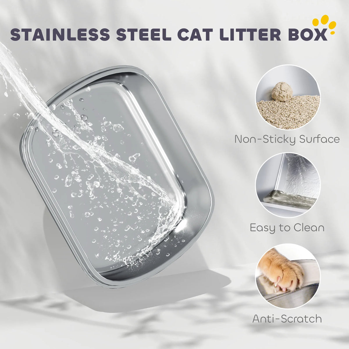Stainless Steel Cat Litter Tray with Lift-Up Lid, White & Silver