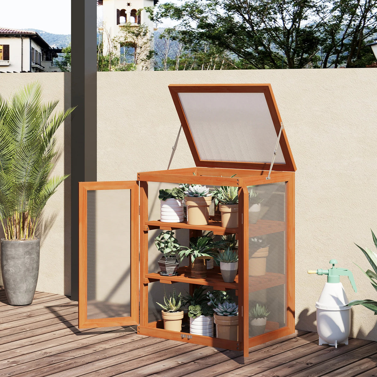 Mini Wooden Cold Frame Greenhouse with 2 Shelves Polycarbonate Panels Top Opening and Double Front Doors
