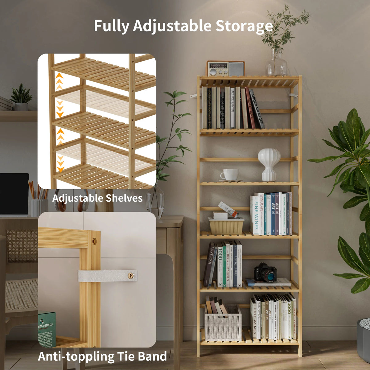 6-Tier Bamboo Bookshelf and Flower Rack with Adjustable DIY Shelves | Freestanding Natural Wood Display Unit