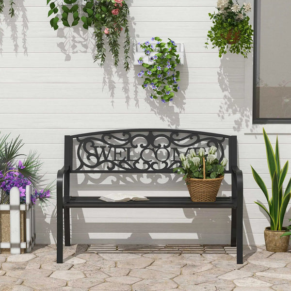 2 Seater Metal Garden Bench with Backrest and Armrests, Black