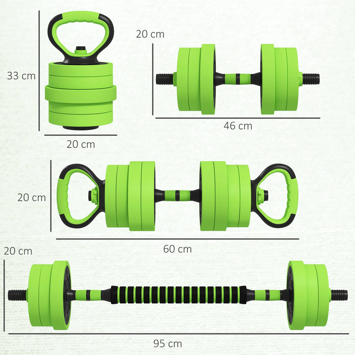 4-in-1 Adjustable Dumbbell Set, 20kg Barbell, Kettlebell and Push-Up Stand