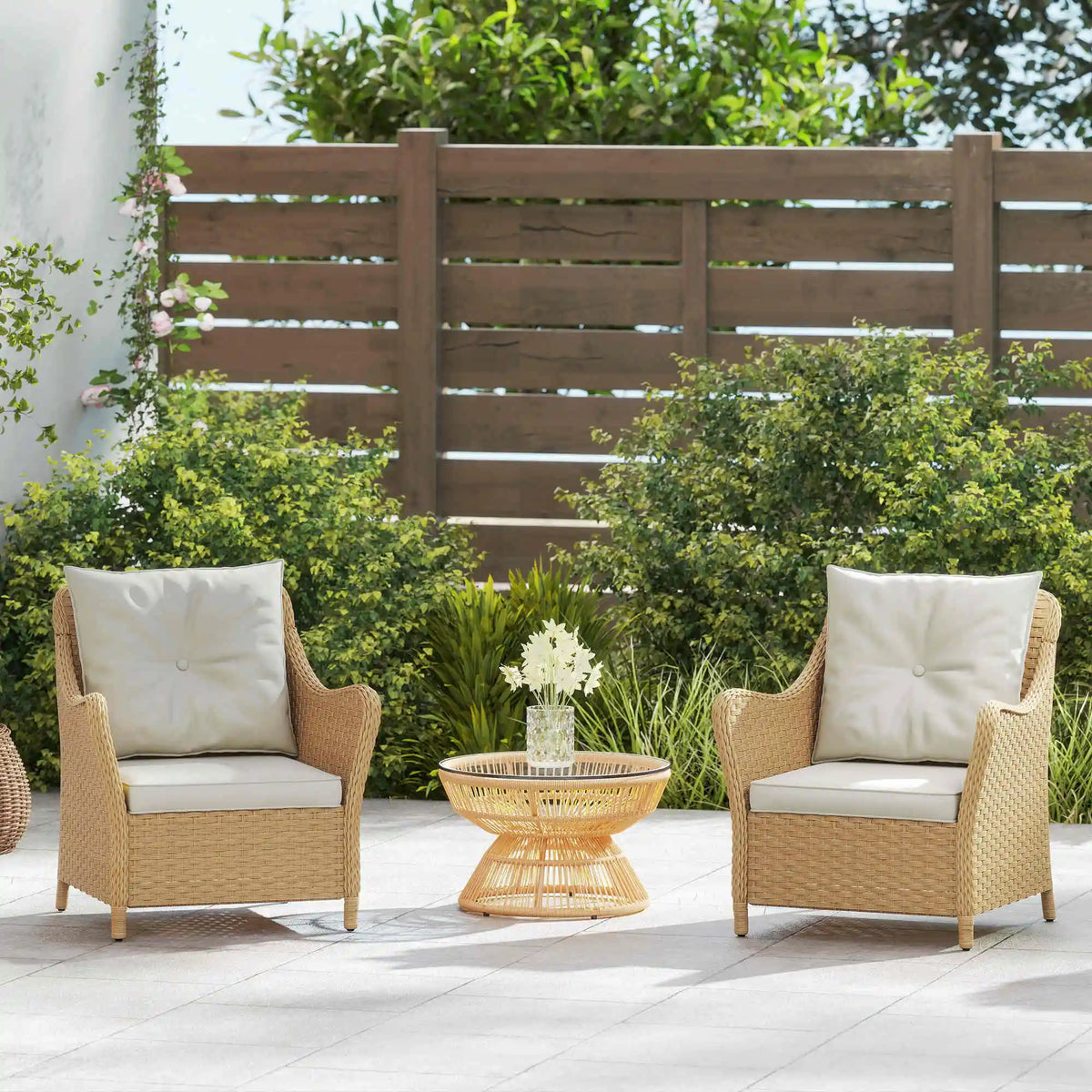 Rattan Garden Chairs Set of 2, Outdoor Rattan Chairs with Cushions, Armrests and High Back, Porch, Beige