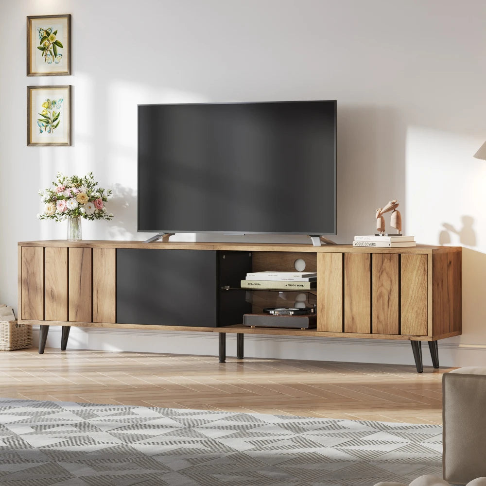 175cm TV Stand Cabinet with 3 Doors, Tempered Glass Shelf, Open Shelving and 6-Leg Support for 75 Inch TVs