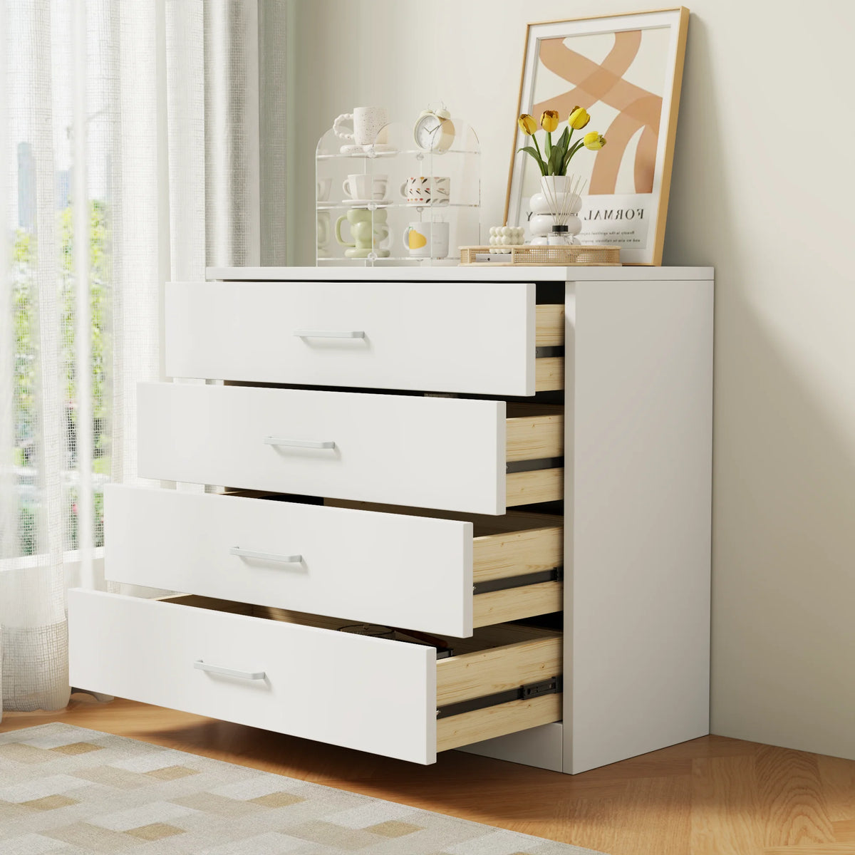 4 Drawer Chest of Drawers Hardwood HDF Construction Metal Handles Flat Panel Doors Bedroom Living Room