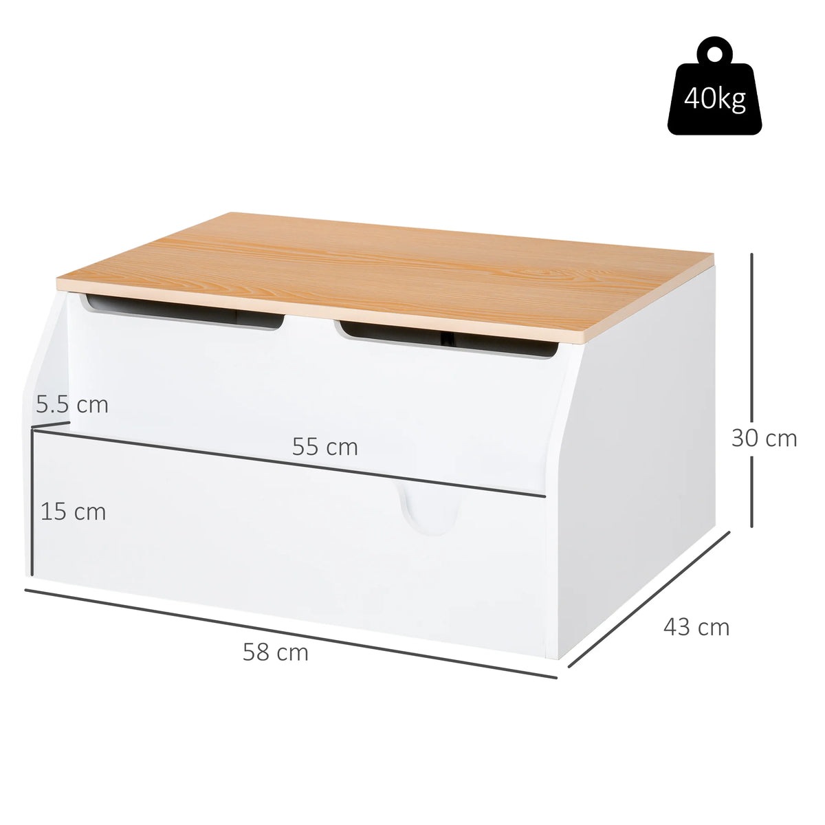Kids Wooden Toy Box with Book Slot and Gas Hinge Lid MDF Storage Chest with Vents White and Wood Effect