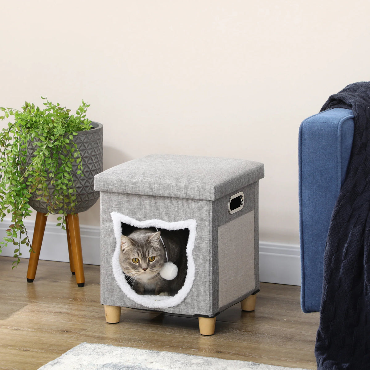 2 in 1 Cat Bed and Ottoman with Removable Washable Cushion Scratching Pad Hanging Ball and Handles