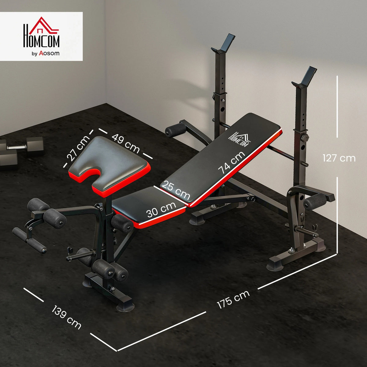 Adjustable Weight Bench with Squat Rack, Leg Extension and Butterfly Arms, Red